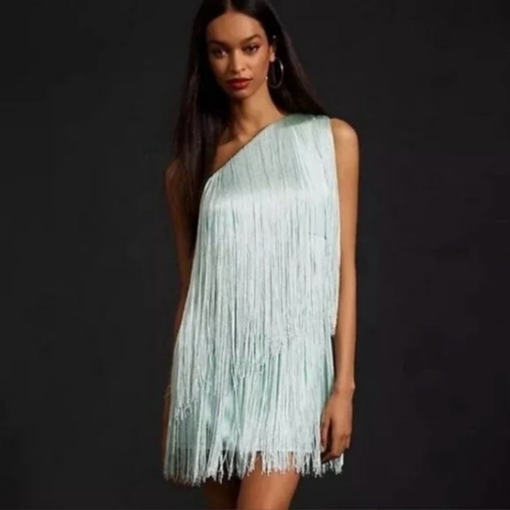 Anthropologie X Hutch XXS Fringe Mint One Shoulder Mini Dress